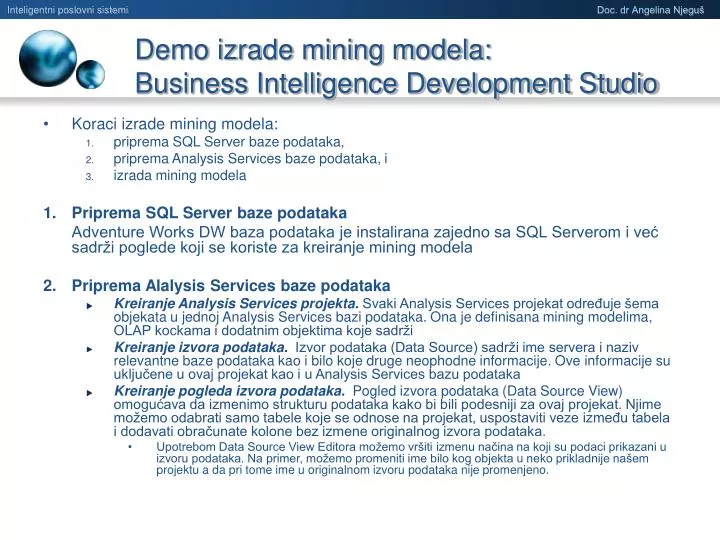 demo izrade mining modela business intelligence development studio