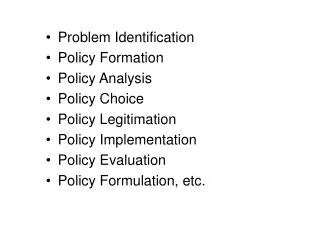 Problem Identification Policy Formation Policy Analysis Policy Choice Policy Legitimation