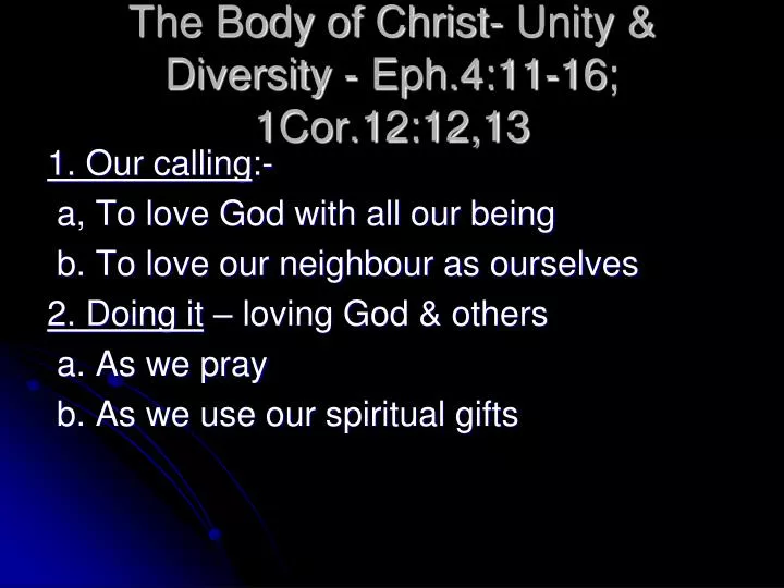the body of christ unity diversity eph 4 11 16 1cor 12 12 13