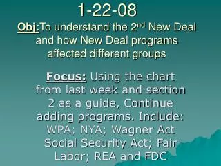 1-22-08 Obj: To understand the 2 nd New Deal and how New Deal programs affected different groups