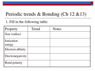 Periodic trends &amp; Bonding (Ch 12 &amp;13)