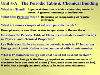Unit 4-A	The Periodic Table &amp; Chemical Bonding
