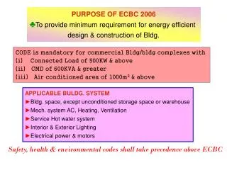 PURPOSE OF ECBC 2006 To provide minimum requirement for energy efficient