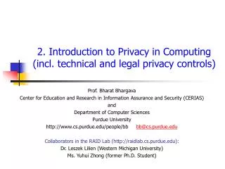 2. Introduction to Privacy in Computing (incl. technical and legal privacy controls)