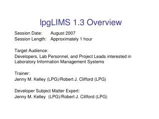 lpgLIMS 1.3 Overview