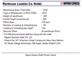 Warehouse Area (Total Sqft )		 - 1500 Type of Warehouse ( i.e.RCC /PEB)	 - RCC