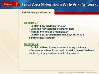 Section 7.1 Explain how modems function Describe how satellites transmit data