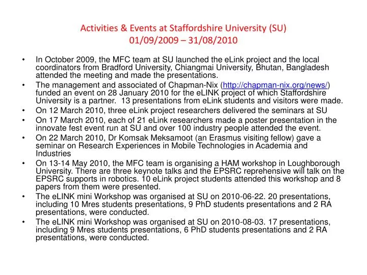 activities events at staffordshire university su 01 09 2009 31 08 2010