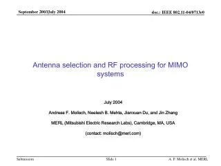 Antenna selection and RF processing for MIMO systems