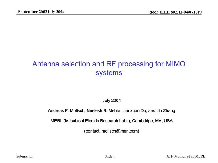 antenna selection and rf processing for mimo systems