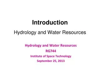 Introduction Hydrology and Water Resources
