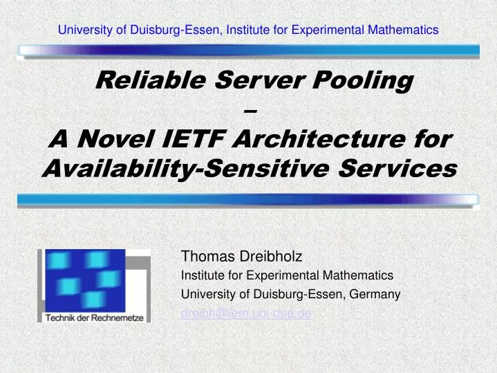 reliable server pooling a novel ietf architecture for availability sensitive services