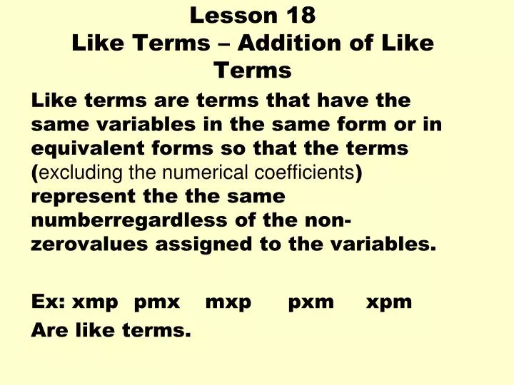 lesson 18 like terms addition of like terms