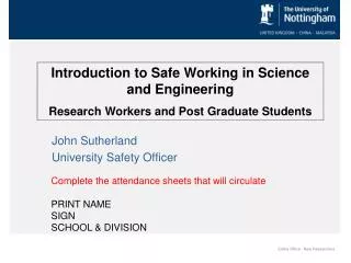 Introduction to Safe Working in Science and Engineering