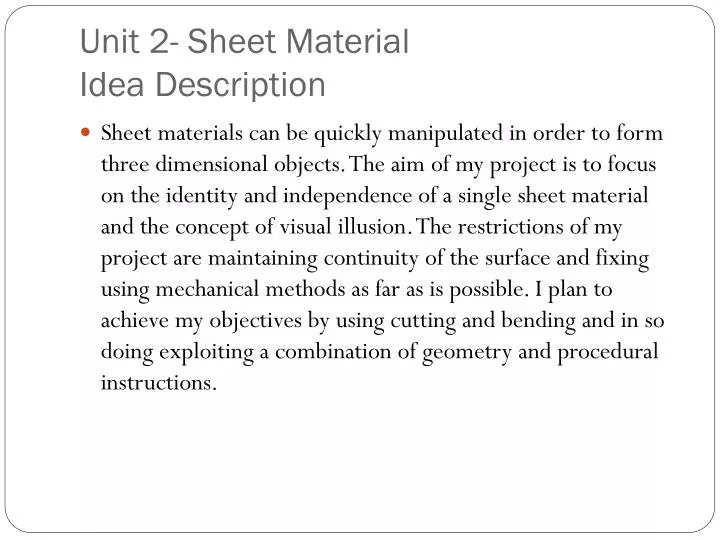 unit 2 sheet material idea description