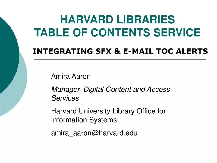 harvard libraries table of contents service