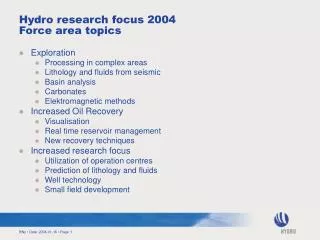 Hydro research focus 2004 Force area topics