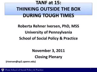 TANF at 15: THINKING OUTSIDE THE BOX DURING TOUGH TIMES