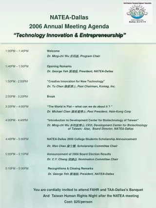 NATEA-Dallas 2006 Annual Meeting Agenda “Technology Innovation &amp; Entrepreneurship”