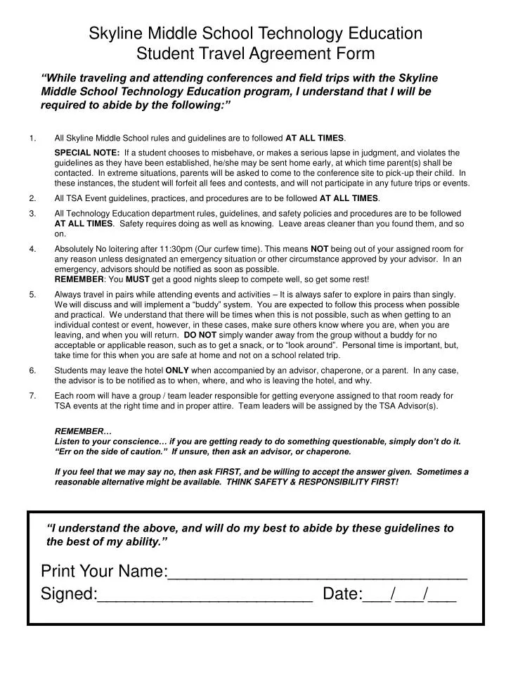 skyline middle school technology education student travel agreement form