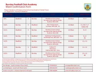 Burnley Football Club Academy Match Confirmation Form
