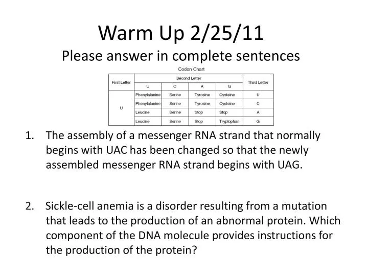 warm up 2 25 11 please answer in complete sentences