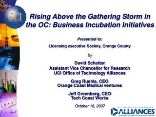 Rising Above the Gathering Storm in the OC: Business Incubation Initiatives Presented to: