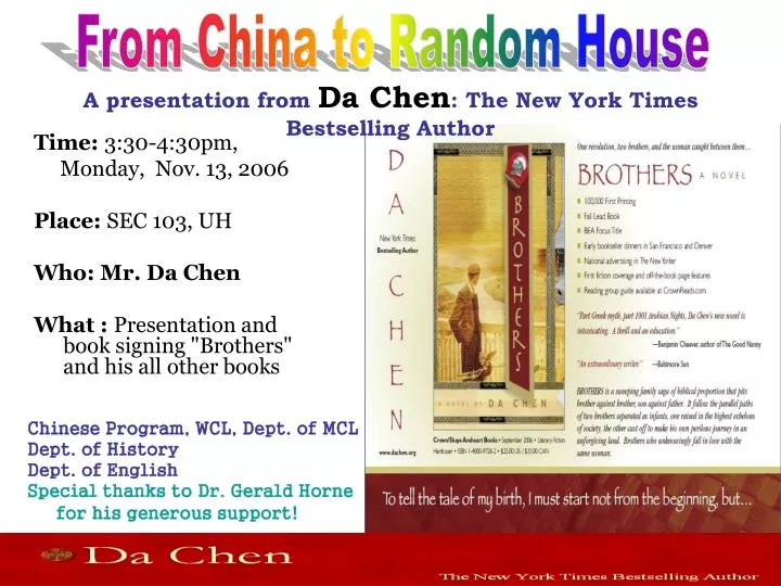 a presentation from da chen the new york times bestselling author