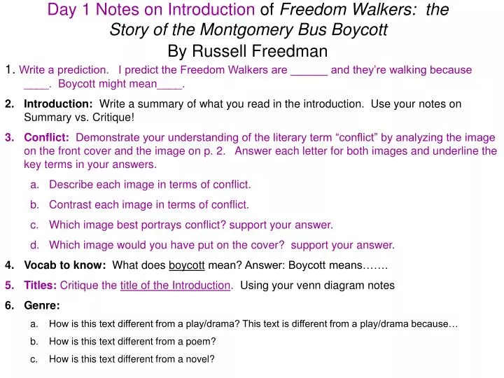 day 1 notes on introduction of freedom walkers the story of the montgomery bus boycott