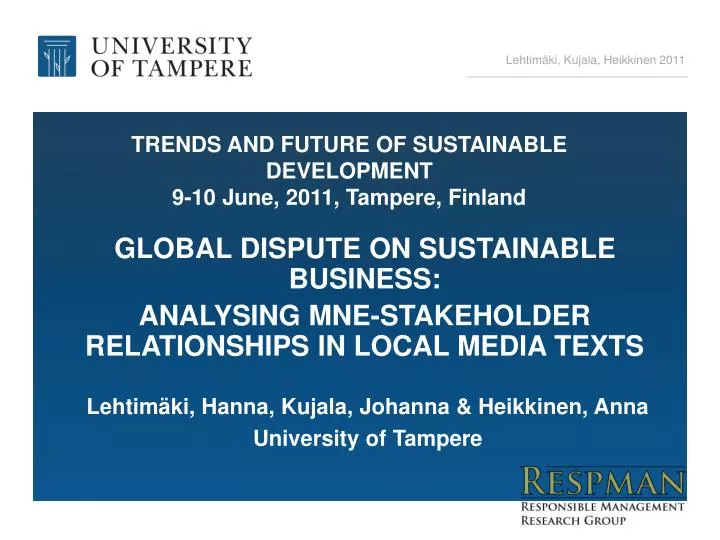 trends and future of sustainable development 9 10 june 2011 tampere finland