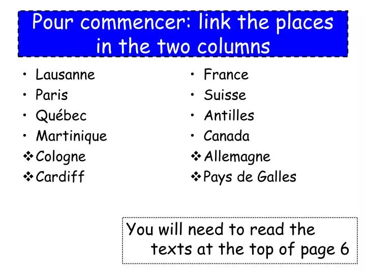 pour commencer link the places in the two columns