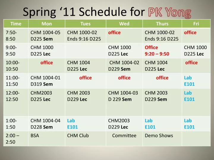 spring 11 schedule for pk yong