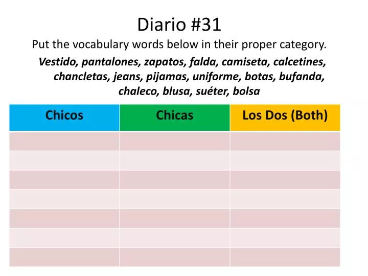 diario 31 put the vocabulary words below in their proper category