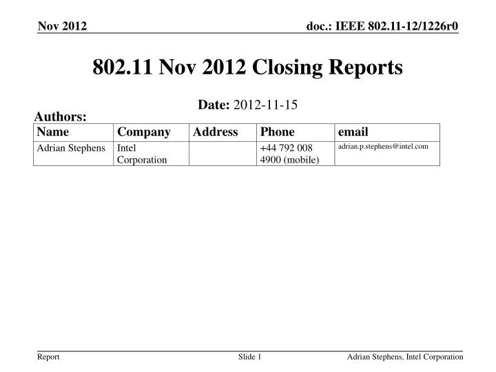 802 11 nov 2012 closing reports