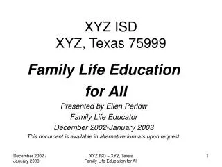 XYZ ISD XYZ, Texas 75999