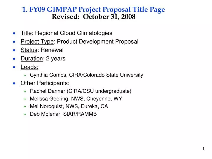1 fy09 gimpap project proposal title page revised october 31 2008