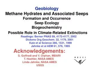 Geobiology Methane Hydrates and Associated Seeps Formation and Occurrence Seep Ecology