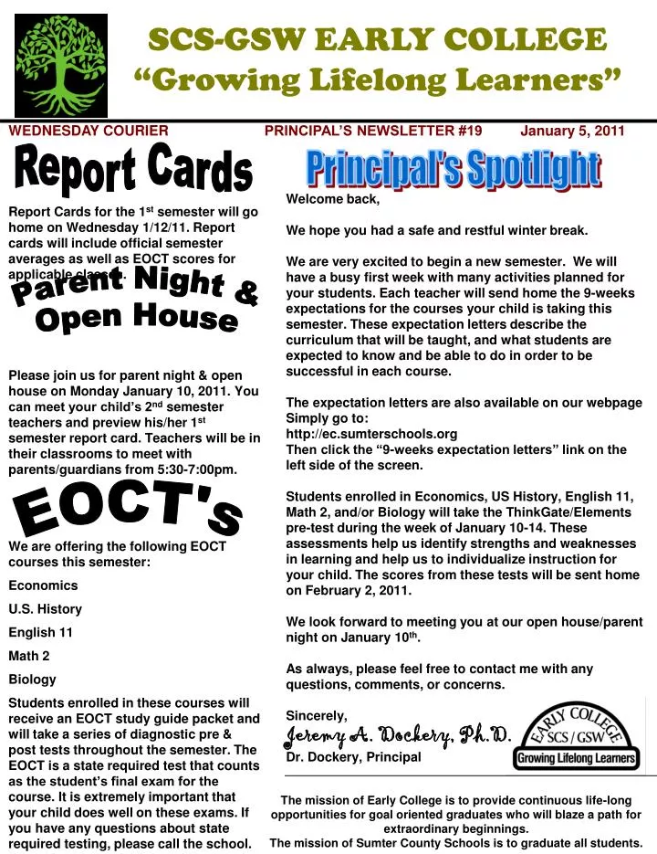 wednesday courier principal s newsletter 19 january 5 2011