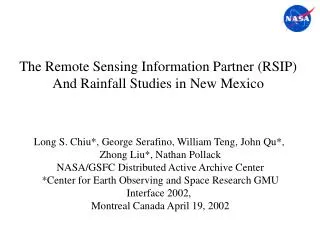 The Remote Sensing Information Partner (RSIP) And Rainfall Studies in New Mexico