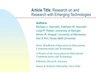 Article Title: Research on and Research with Emerging Technologies