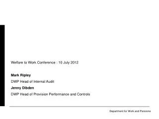 Welfare to Work Conference : 10 July 2012 Mark Ripley DWP Head of Internal Audit Jenny Dibden