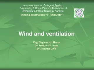 Wind and ventilation Eng. Nagham Ali Hasan 3 rd lecture- 4 th week 2 nd semester-2008