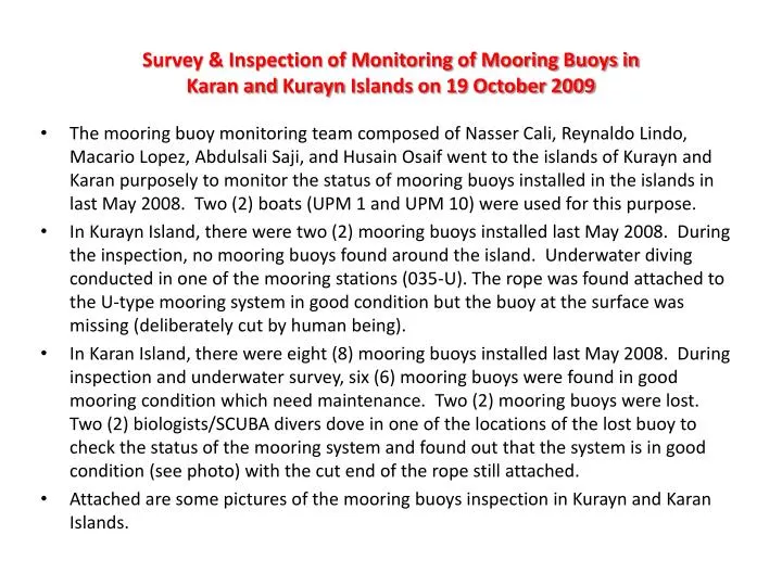 survey inspection of monitoring of mooring buoys in karan and kurayn islands on 19 october 2009