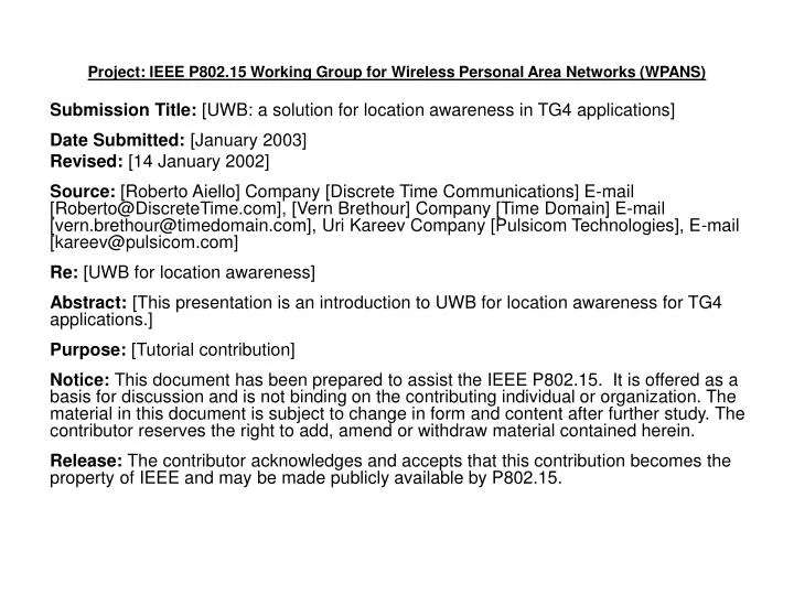 project ieee p802 15 working group for wireless personal area networks wpans
