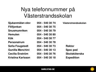 Nya telefonnummer på Västerstrandsskolan