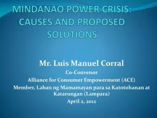 MINDANAO POWER CRISIS: CAUSES AND PROPOSED SOLUTIONS