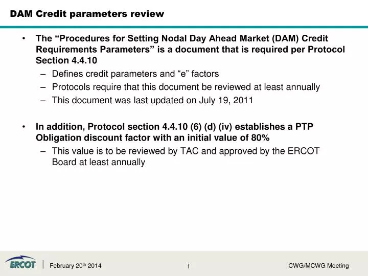 dam credit parameters review