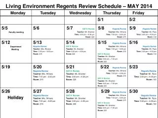 Living Environment Regents Review Schedule – MAY 2014