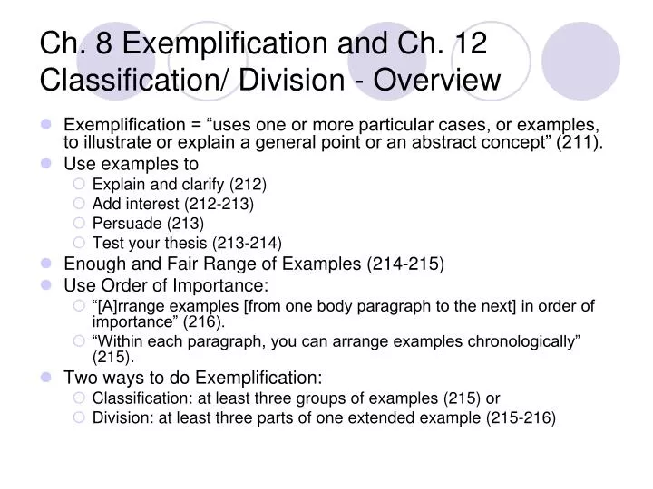 ch 8 exemplification and ch 12 classification division overview
