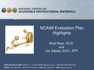 NCAIM Evaluation Plan Highlights